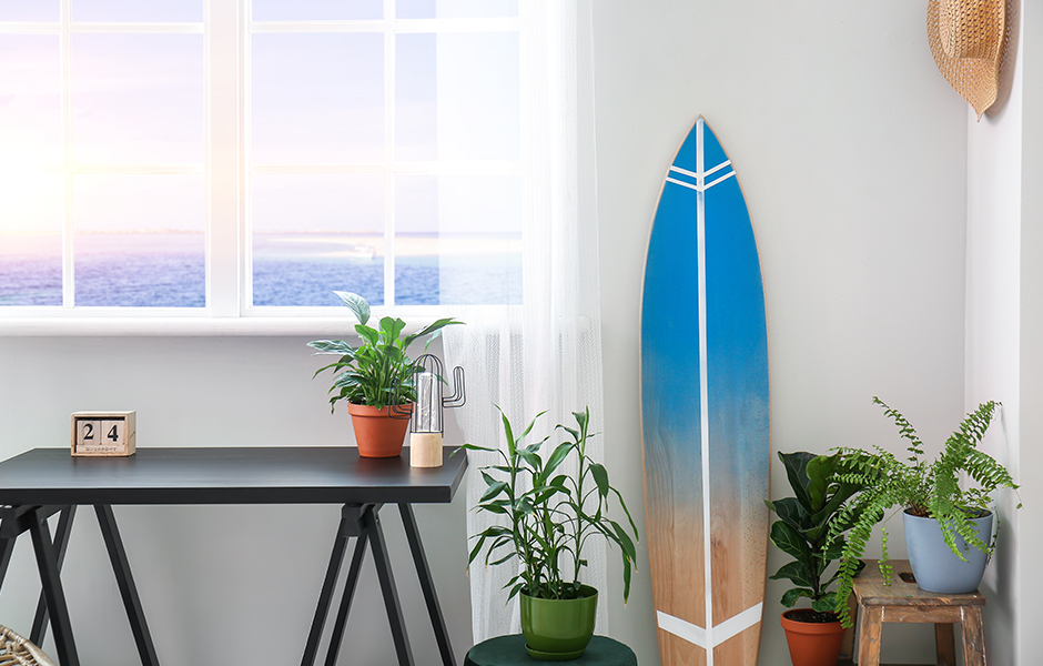 Surfboard in living room