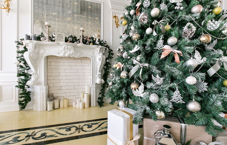 Holiday home decorated with silver and gold